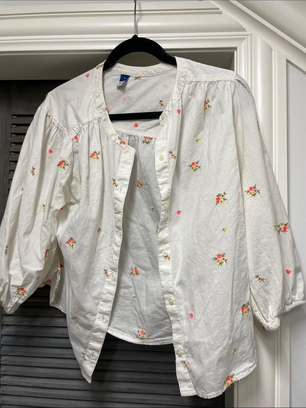 100% cotton Button-Up Top with Small Pink & Peach Floral Embroidery